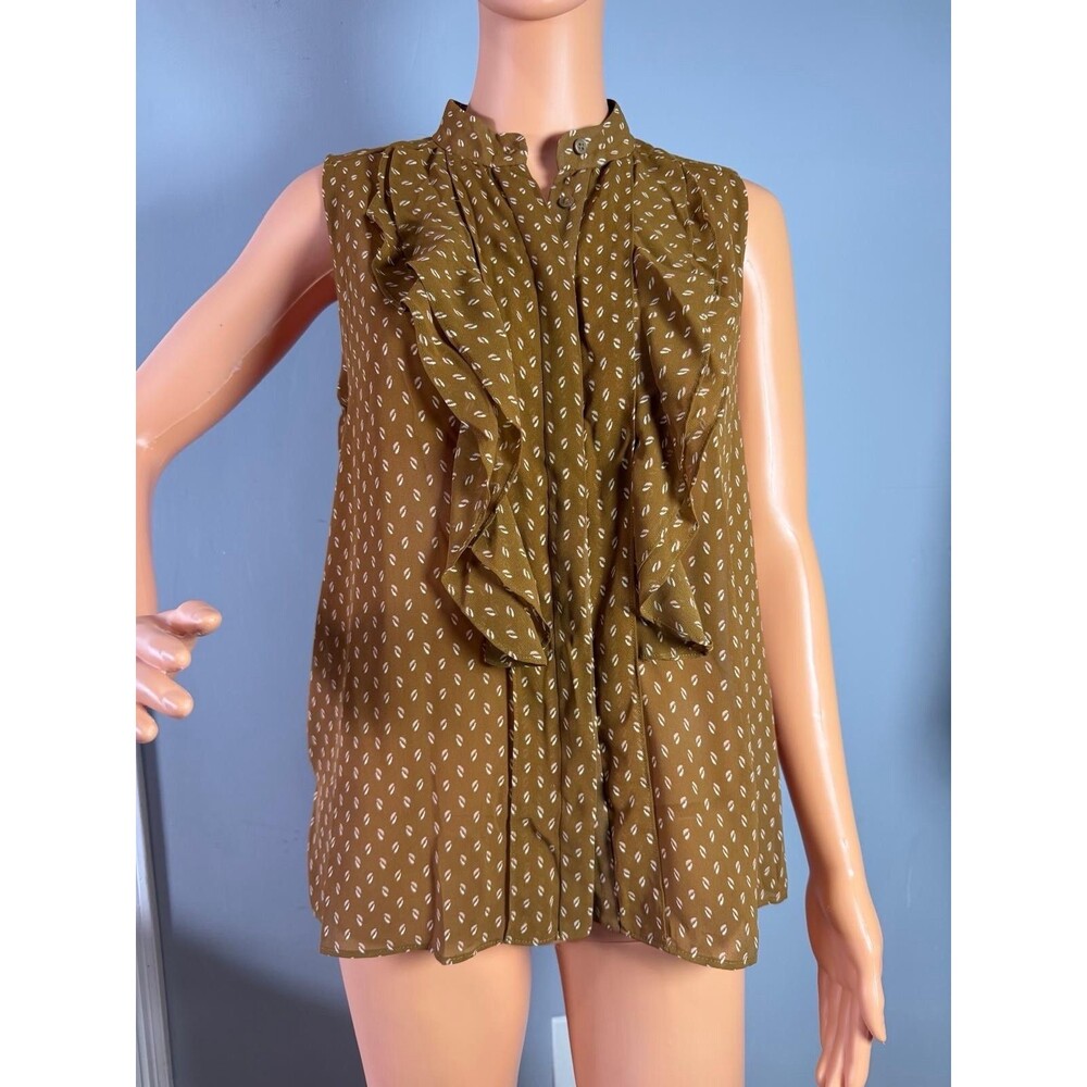 Ann Taylor Blouse S NWT Chiffon Sleeveless Ruffle Collar Geometric Brown Shirt.